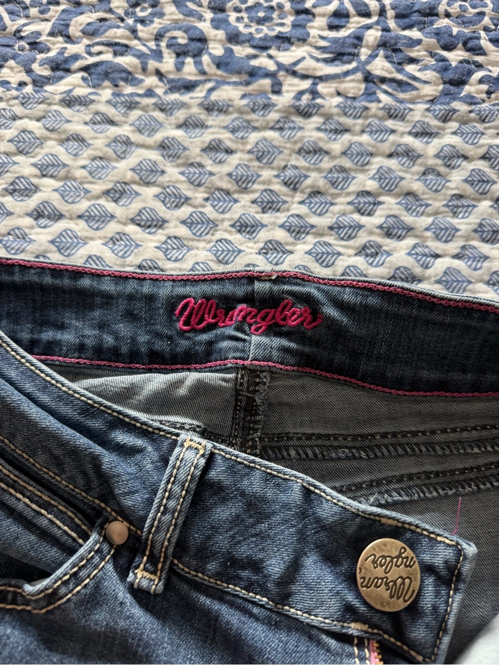 Wrangler Women's Blue Boot Cut Jeans with Pink Stitching